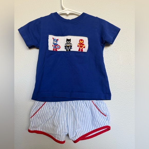 Remember Nguyen Other - Blue Kids Tee & Striped Shorts Set with Superhero Smocking